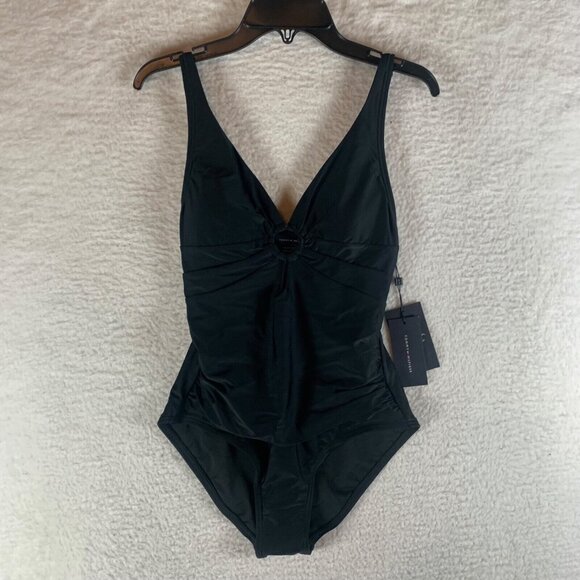 Tommy Hilfiger Women's Black V-Neck Ring‎ Cutout One Piece Swimsuit Size 4 NWT - Picture 1 of 9